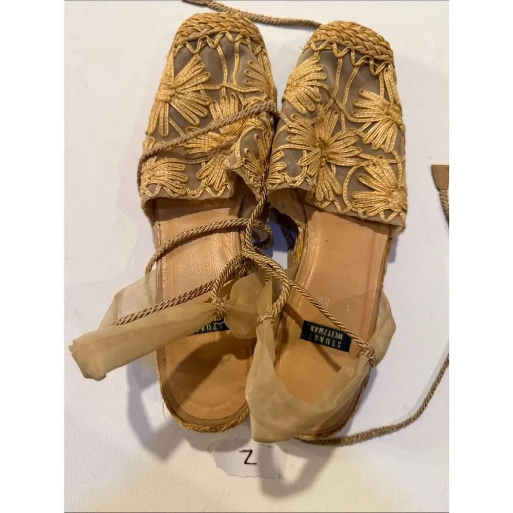 Stuart Weitzman Beige Tan Floral Rope Espadrille Sandals